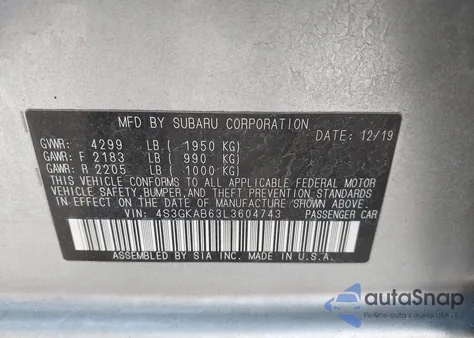 2020 Subaru Impreza Sedan z USA, uszkodzony, nr VIN 4S3GKAB63L3604743